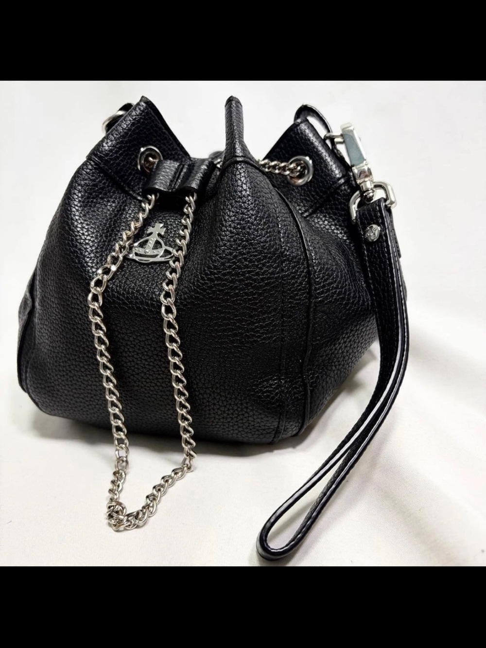 Vivienne Westwood Black Pebble Leather Chain Drawstring Wristlet